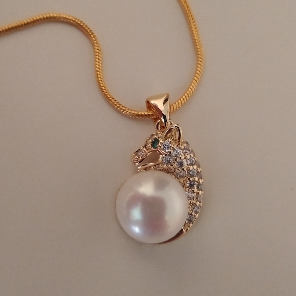 14k Gold/Silver Pearl Jewel Panther Face Necklace